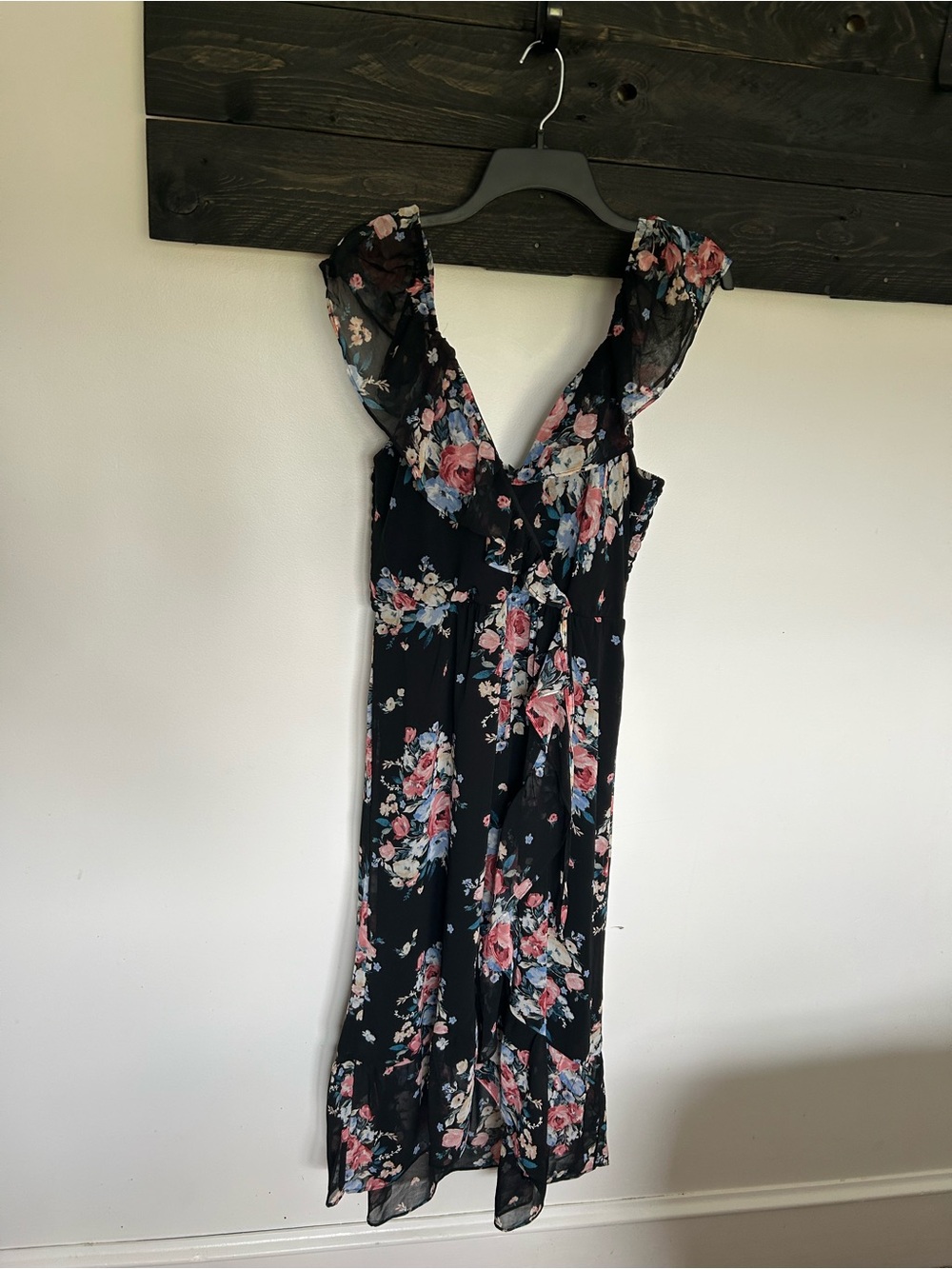 Black Midi Dress with Pink and Cream Floral Print